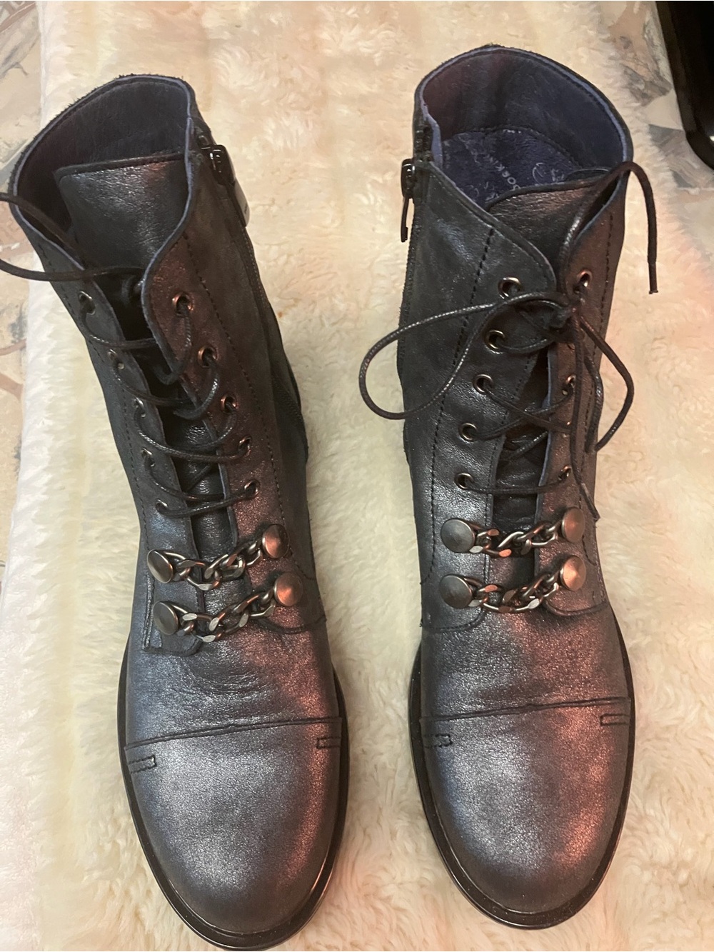 Metallic Gray Lace-Up Combat Boots with Chain Accent